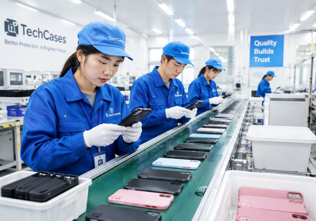 Quality inspectors checking phone cases on the production line