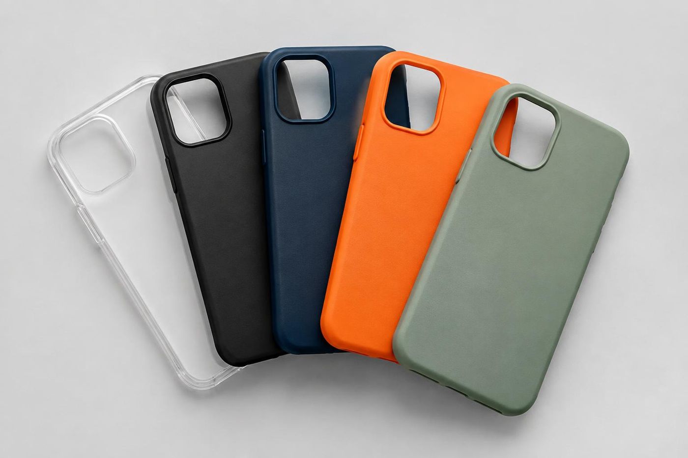 Assortment of wholesale phone cases in clear, black, navy, orange and sage